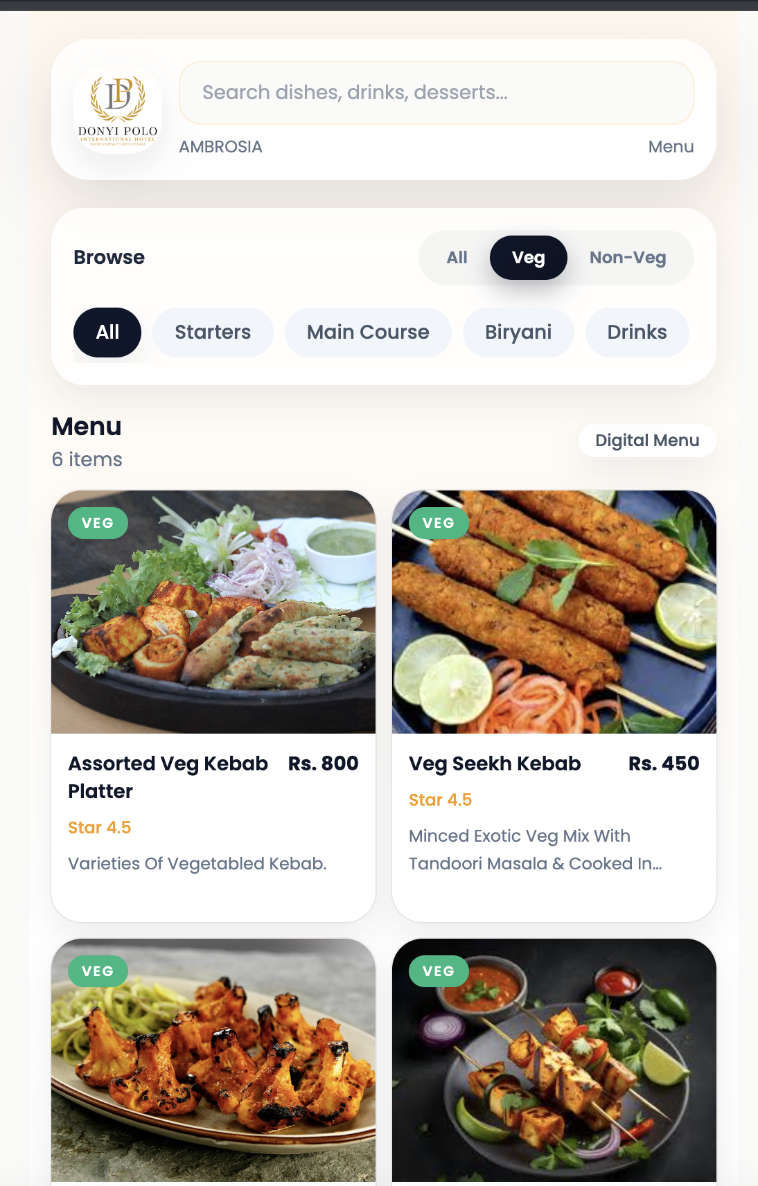 Hotel Digital Food Menu Interface
